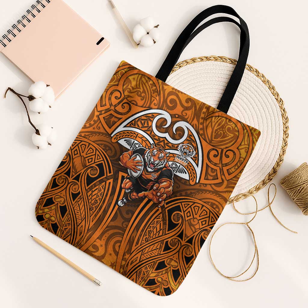 Wests Tigers Rugby Tote Bag Polynesian Tribal Tiger Warrior Orange Black Pattern
