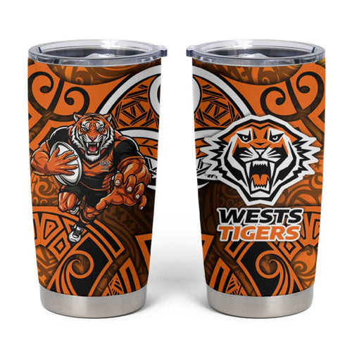 Wests Tigers Rugby Tumbler Cup Polynesian Tribal Tiger Warrior Orange Black Pattern