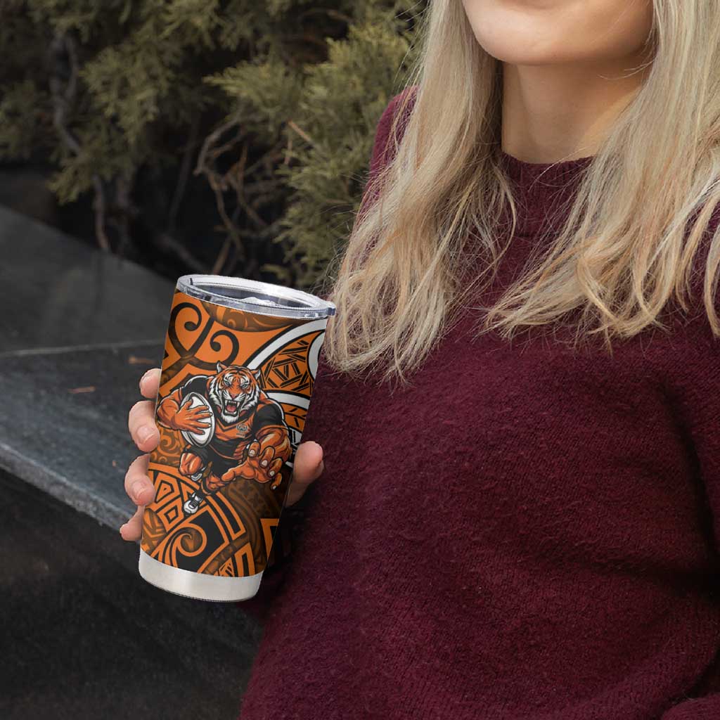 Wests Tigers Rugby Tumbler Cup Polynesian Tribal Tiger Warrior Orange Black Pattern
