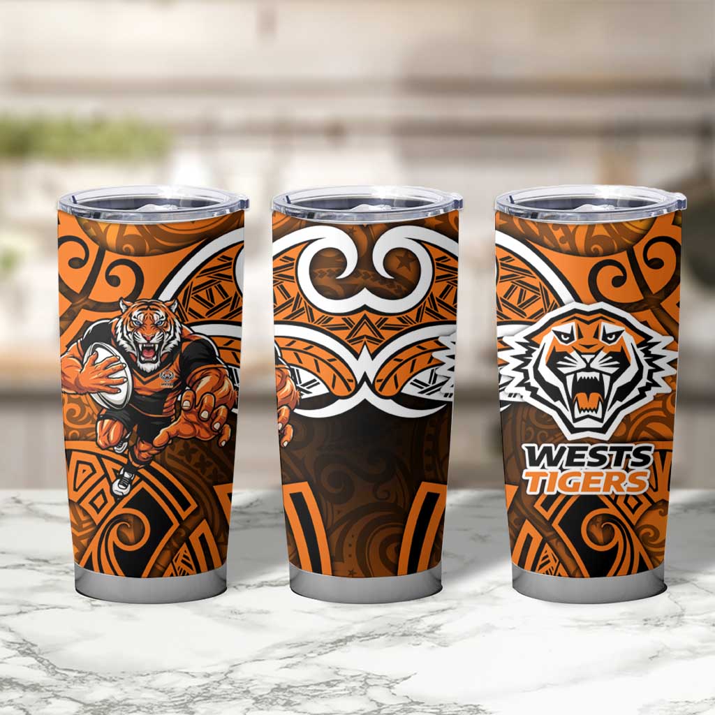 Wests Tigers Rugby Tumbler Cup Polynesian Tribal Tiger Warrior Orange Black Pattern