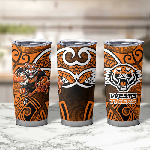 Wests Tigers Rugby Tumbler Cup Polynesian Tribal Tiger Warrior Orange Black Pattern
