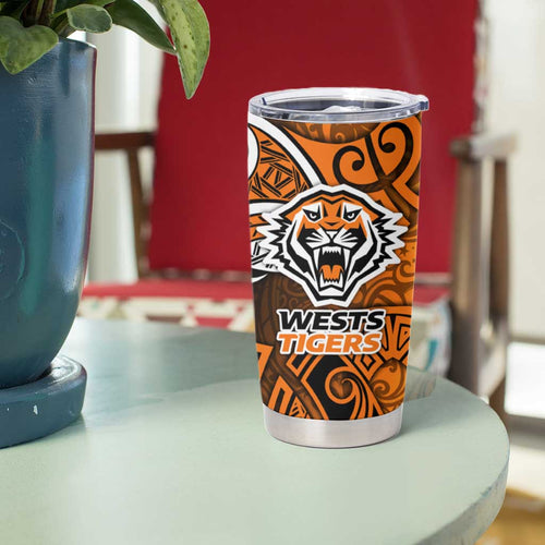 Wests Tigers Rugby Tumbler Cup Polynesian Tribal Tiger Warrior Orange Black Pattern