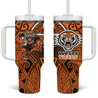Wests Tigers Rugby Tumbler With Handle Polynesian Tribal Tiger Warrior Orange Black Pattern