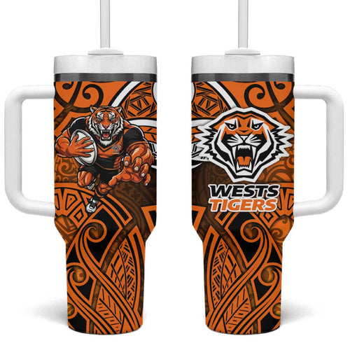 Wests Tigers Rugby Tumbler With Handle Polynesian Tribal Tiger Warrior Orange Black Pattern