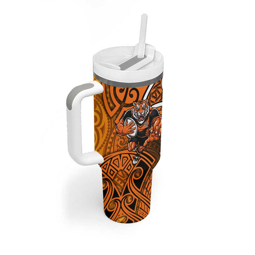 Wests Tigers Rugby Tumbler With Handle Polynesian Tribal Tiger Warrior Orange Black Pattern