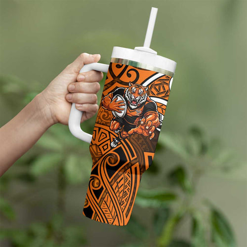 Wests Tigers Rugby Tumbler With Handle Polynesian Tribal Tiger Warrior Orange Black Pattern