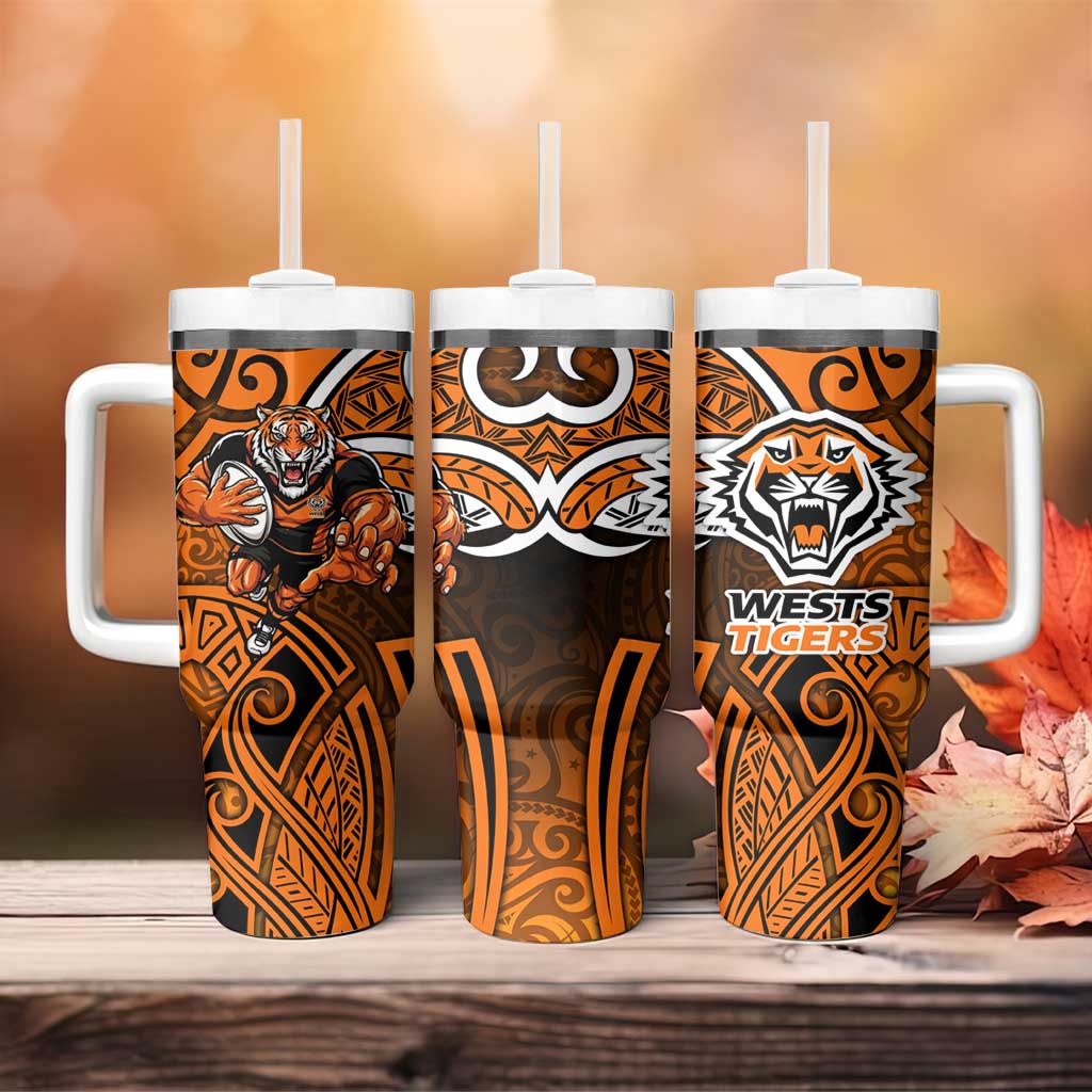 Wests Tigers Rugby Tumbler With Handle Polynesian Tribal Tiger Warrior Orange Black Pattern