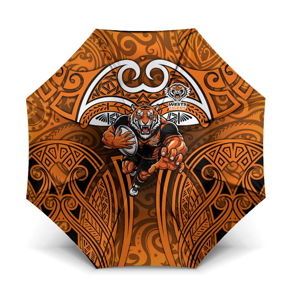 Wests Tigers Rugby Umbrella Polynesian Tribal Tiger Warrior Orange Black Pattern