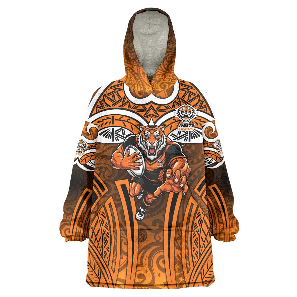 Wests Tigers Rugby Wearable Blanket Hoodie Polynesian Tribal Tiger Warrior Orange Black Pattern