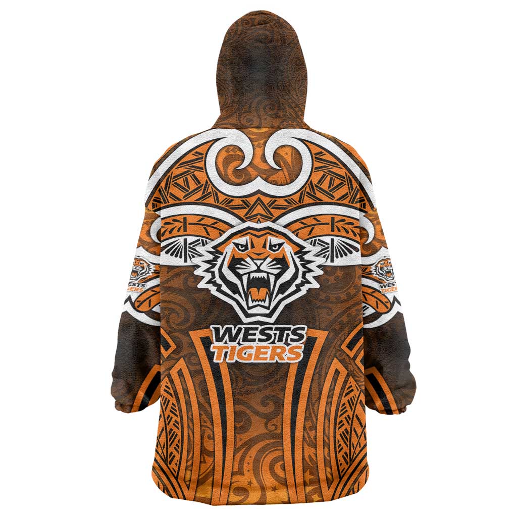 Wests Tigers Rugby Wearable Blanket Hoodie Polynesian Tribal Tiger Warrior Orange Black Pattern