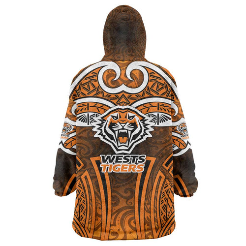 Wests Tigers Rugby Wearable Blanket Hoodie Polynesian Tribal Tiger Warrior Orange Black Pattern