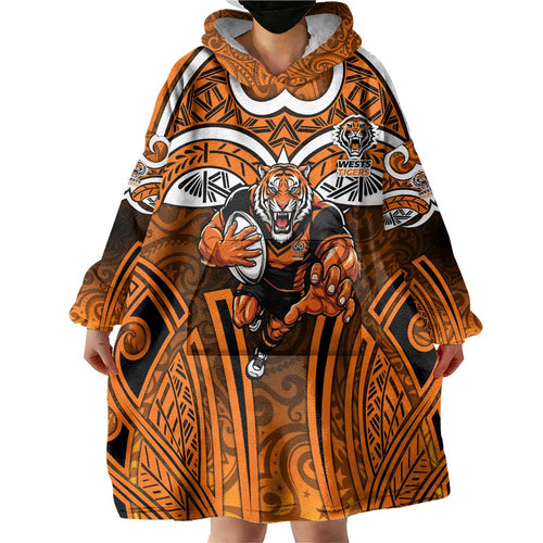 Wests Tigers Rugby Wearable Blanket Hoodie Polynesian Tribal Tiger Warrior Orange Black Pattern