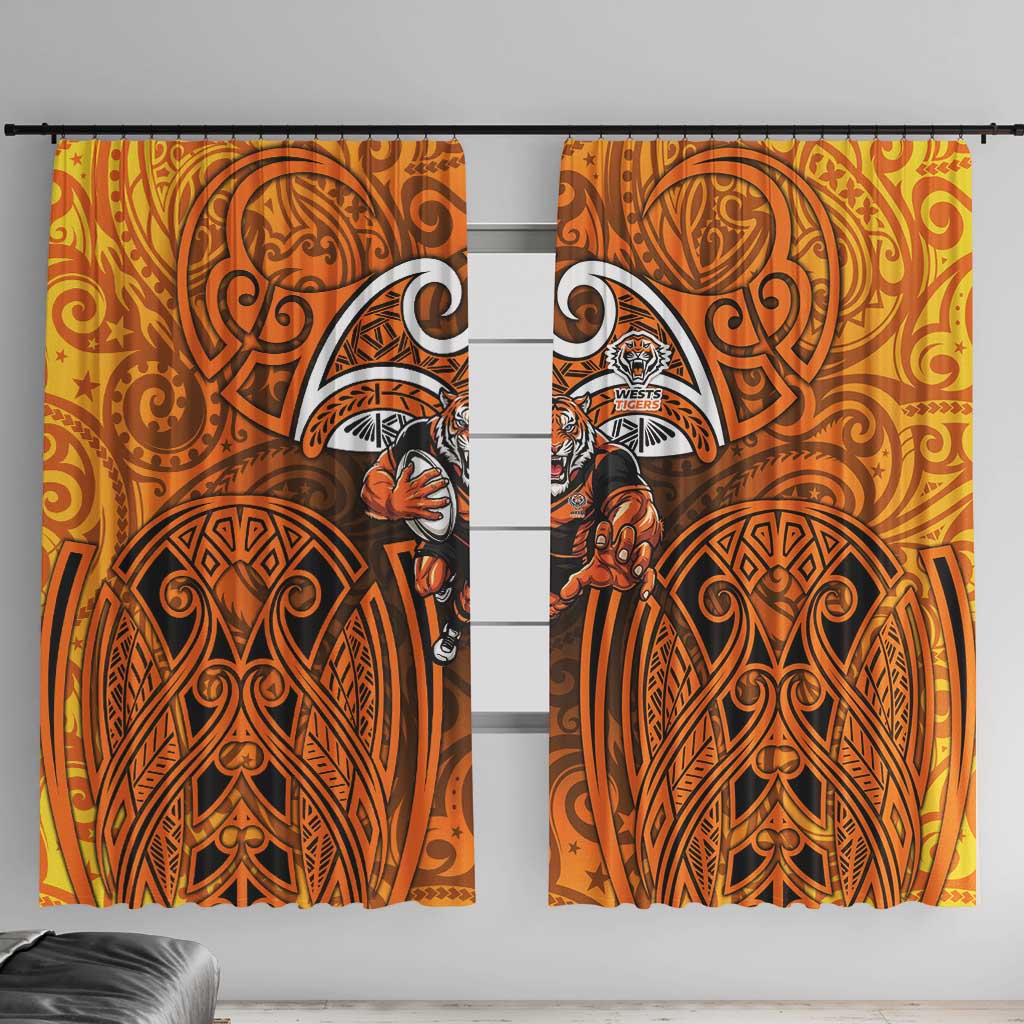Wests Tigers Rugby Window Curtain Polynesian Tribal Tiger Warrior Orange Black Pattern