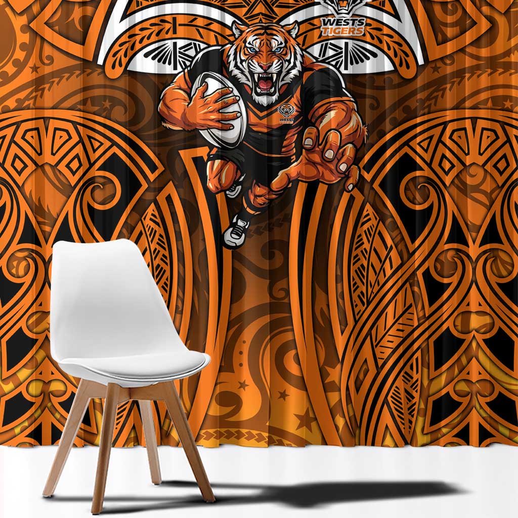Wests Tigers Rugby Window Curtain Polynesian Tribal Tiger Warrior Orange Black Pattern
