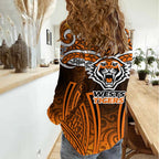 Wests Tigers Rugby Women Casual Shirt Polynesian Tribal Tiger Warrior Orange Black Pattern