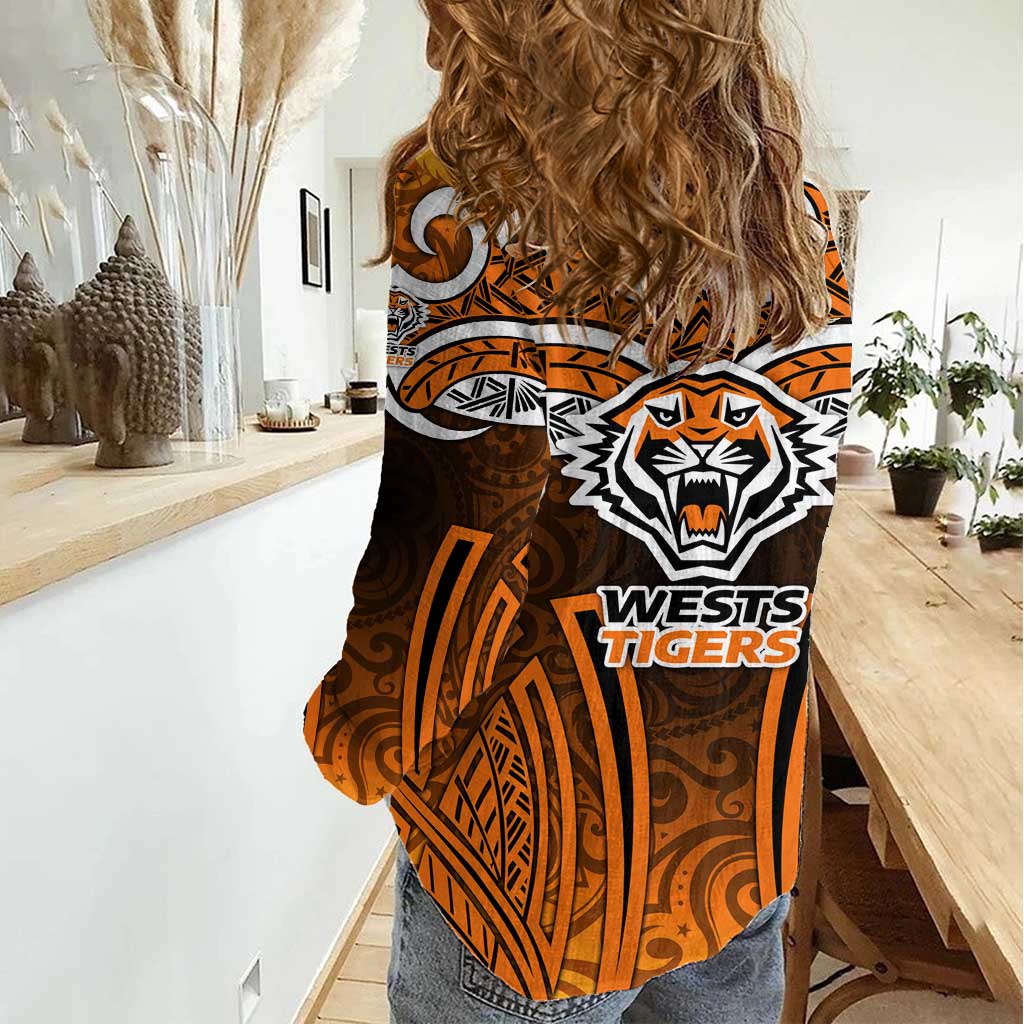 Wests Tigers Rugby Women Casual Shirt Polynesian Tribal Tiger Warrior Orange Black Pattern