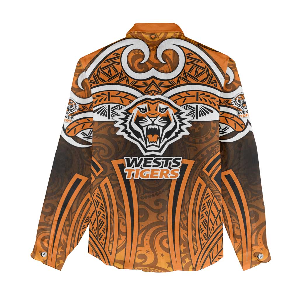 Wests Tigers Rugby Women Casual Shirt Polynesian Tribal Tiger Warrior Orange Black Pattern