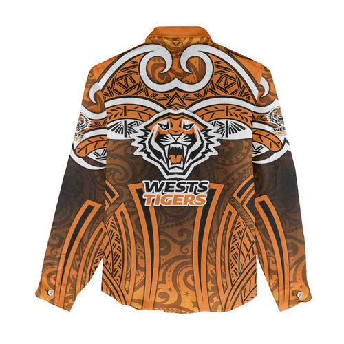 Wests Tigers Rugby Women Casual Shirt Polynesian Tribal Tiger Warrior Orange Black Pattern