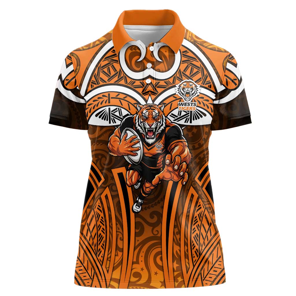 Wests Tigers Rugby Women Polo Shirt Polynesian Tribal Tiger Warrior Orange Black Pattern