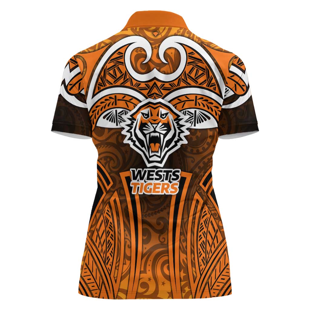 Wests Tigers Rugby Women Polo Shirt Polynesian Tribal Tiger Warrior Orange Black Pattern