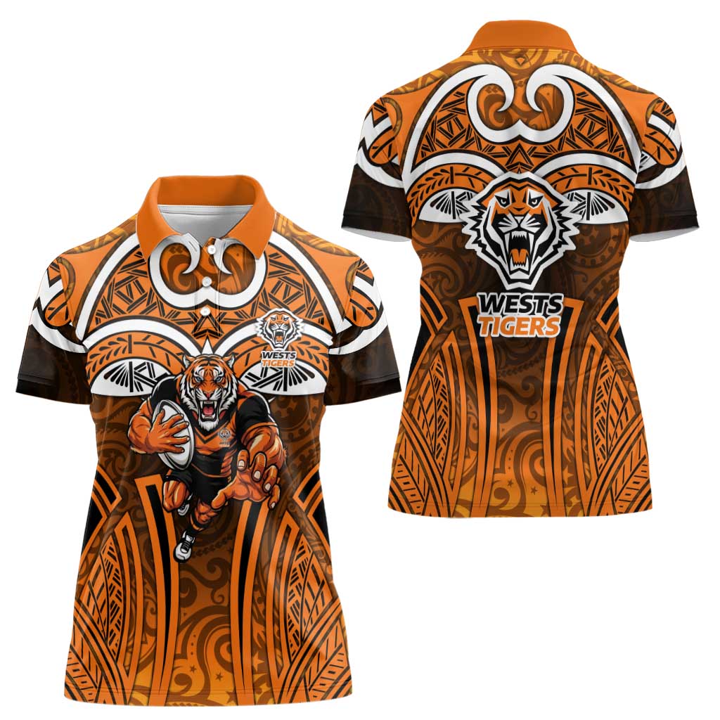 Wests Tigers Rugby Women Polo Shirt Polynesian Tribal Tiger Warrior Orange Black Pattern