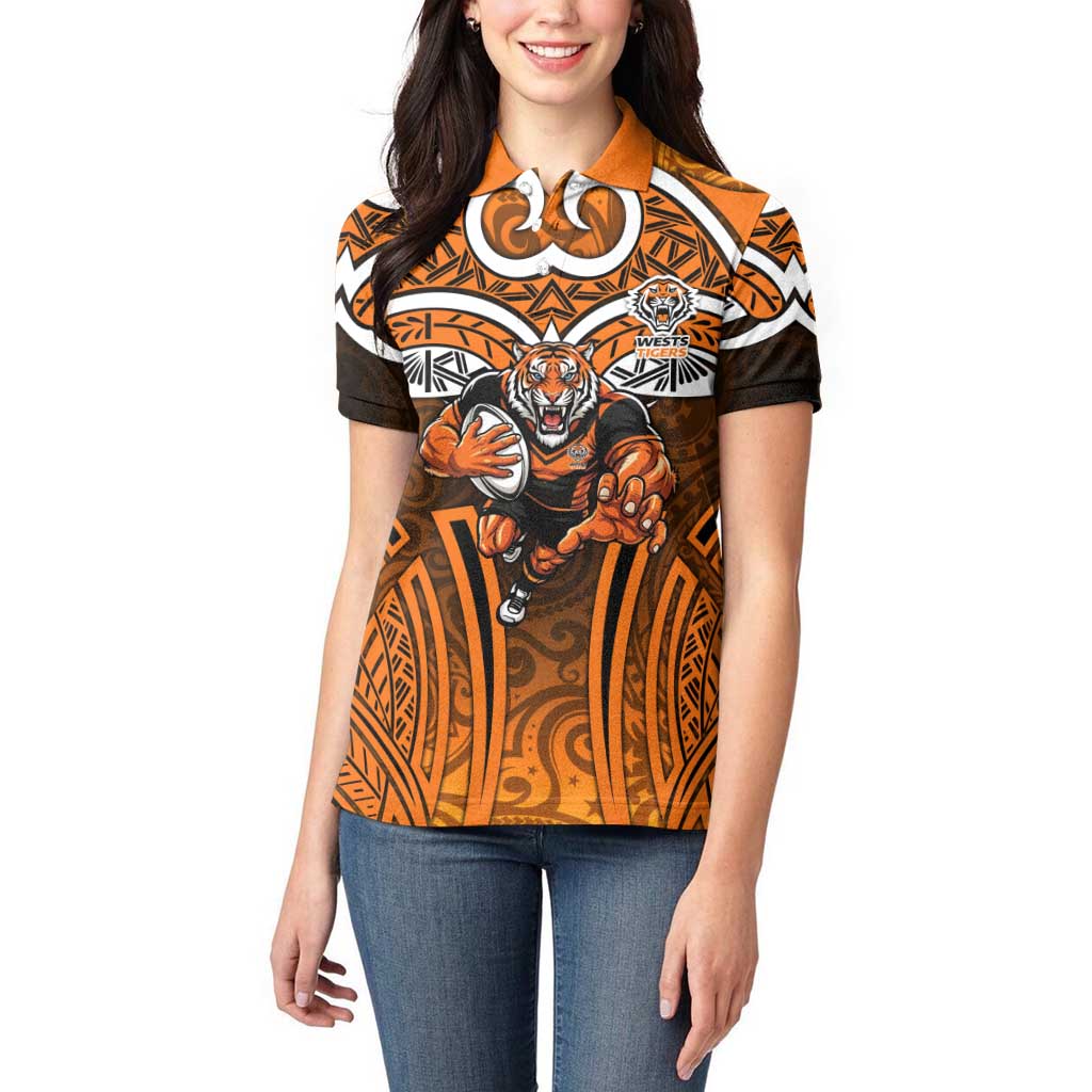 Wests Tigers Rugby Women Polo Shirt Polynesian Tribal Tiger Warrior Orange Black Pattern
