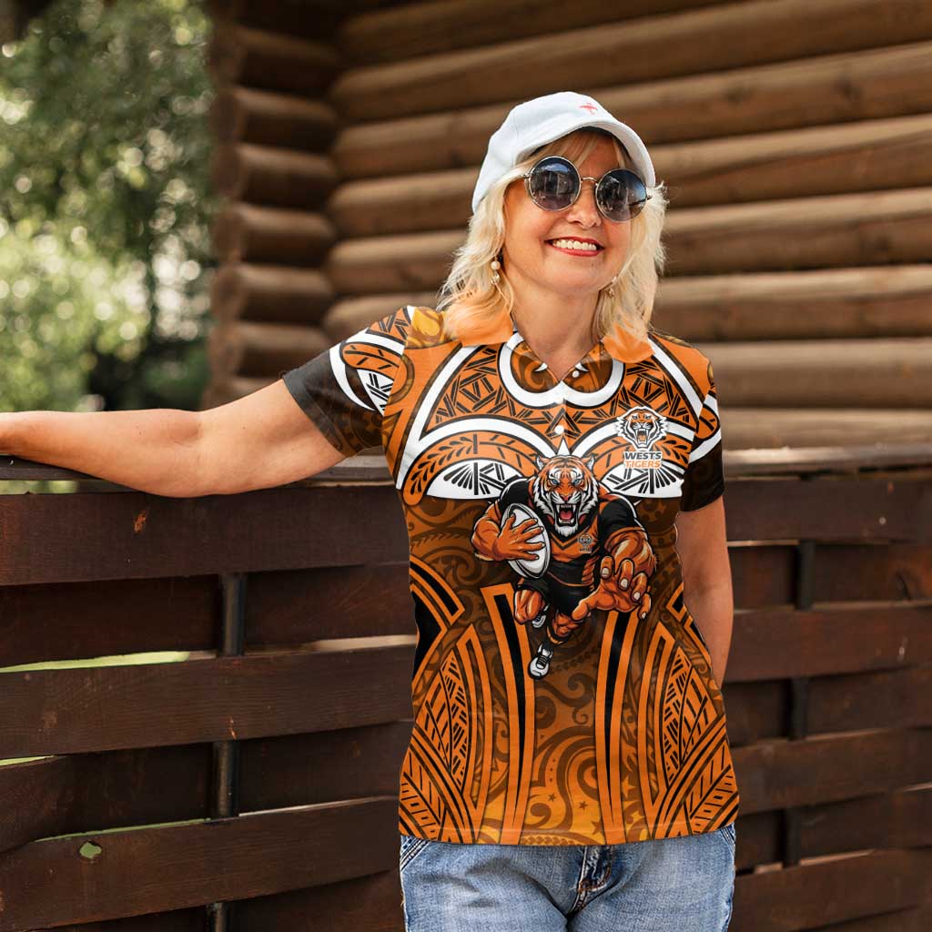 Wests Tigers Rugby Women Polo Shirt Polynesian Tribal Tiger Warrior Orange Black Pattern