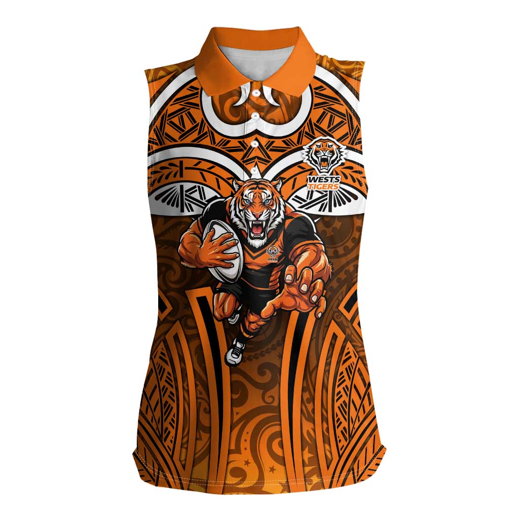 Wests Tigers Rugby Women Sleeveless Polo Shirt Polynesian Tribal Tiger Warrior Orange Black Pattern