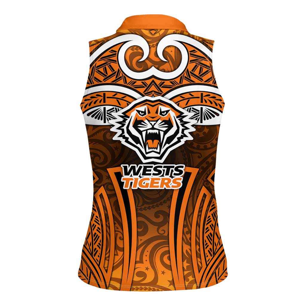 Wests Tigers Rugby Women Sleeveless Polo Shirt Polynesian Tribal Tiger Warrior Orange Black Pattern