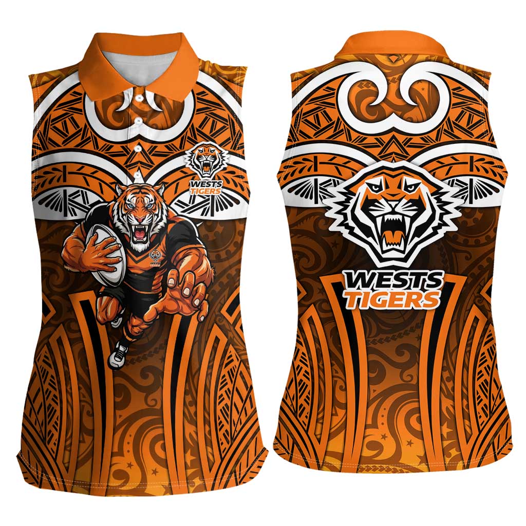 Wests Tigers Rugby Women Sleeveless Polo Shirt Polynesian Tribal Tiger Warrior Orange Black Pattern