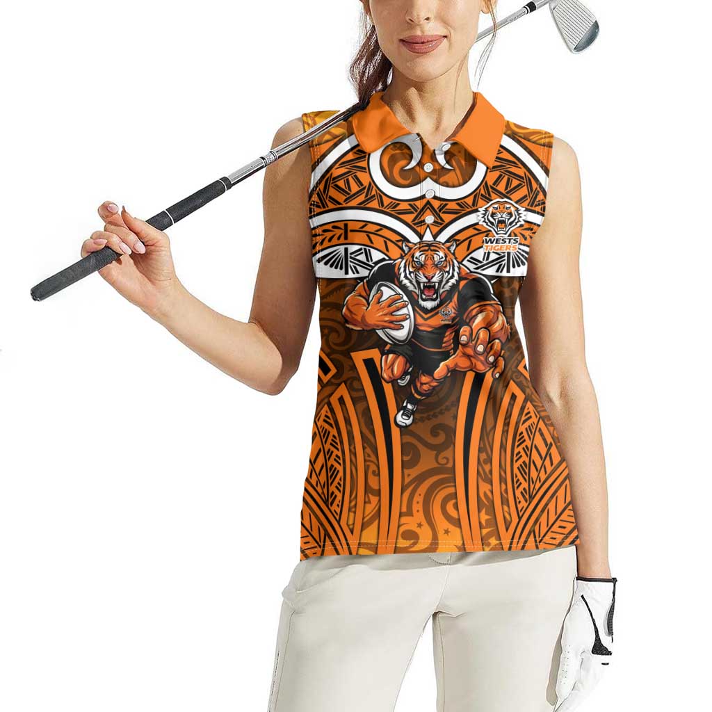 Wests Tigers Rugby Women Sleeveless Polo Shirt Polynesian Tribal Tiger Warrior Orange Black Pattern