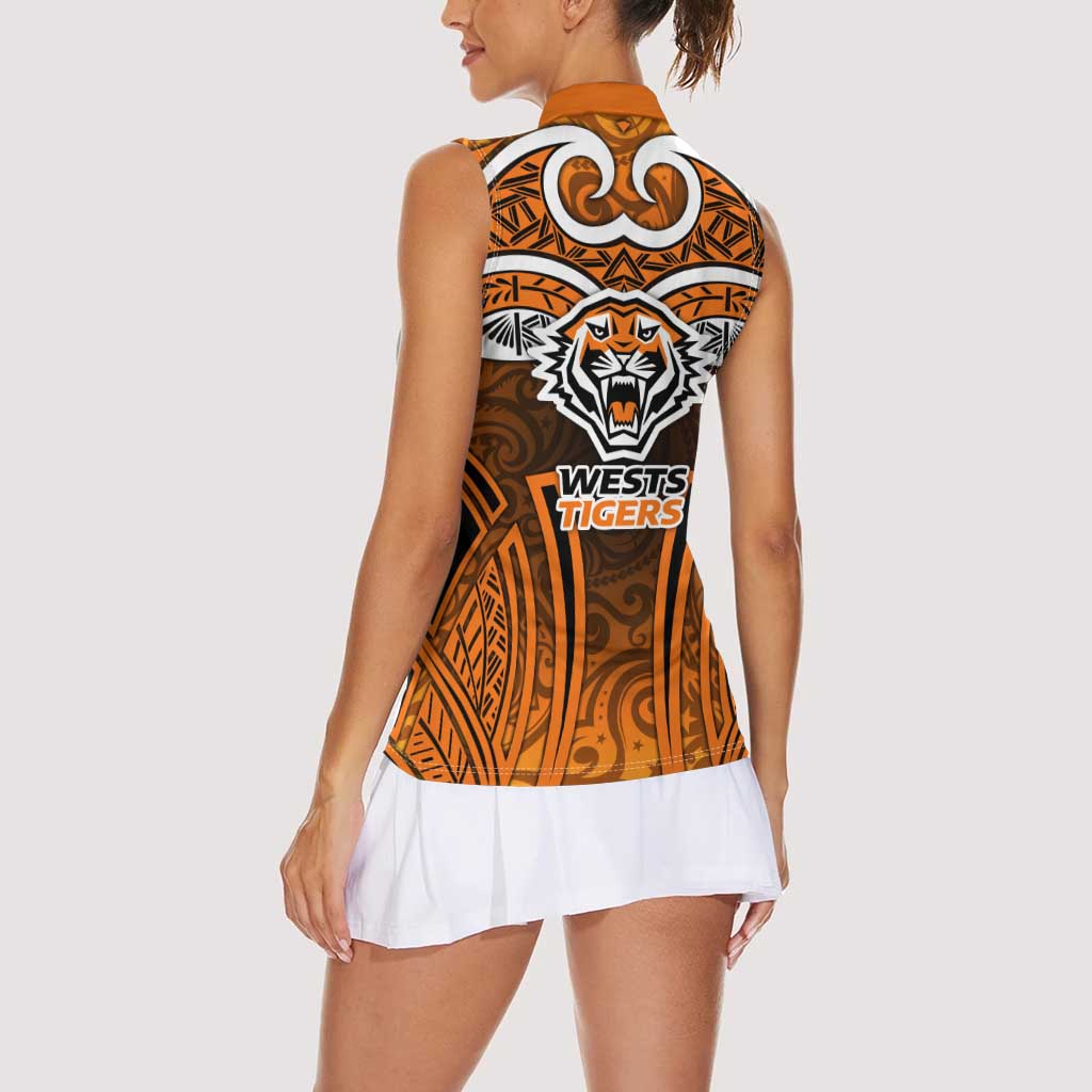 Wests Tigers Rugby Women Sleeveless Polo Shirt Polynesian Tribal Tiger Warrior Orange Black Pattern