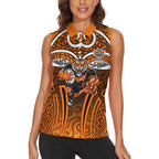 Wests Tigers Rugby Women Sleeveless Polo Shirt Polynesian Tribal Tiger Warrior Orange Black Pattern
