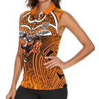 Wests Tigers Rugby Women Sleeveless Polo Shirt Polynesian Tribal Tiger Warrior Orange Black Pattern