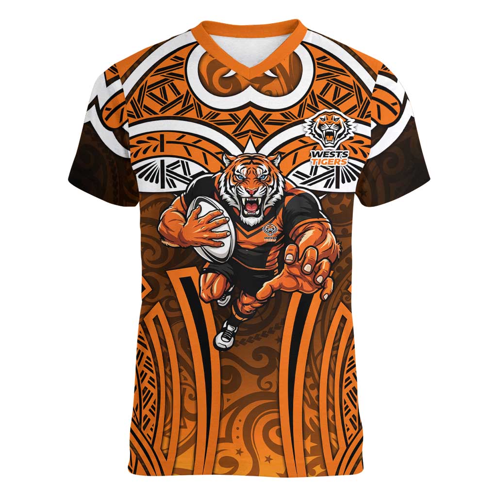 Wests Tigers Rugby Women V-Neck T-Shirt Polynesian Tribal Tiger Warrior Orange Black Pattern