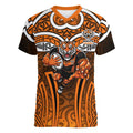 Wests Tigers Rugby Women V-Neck T-Shirt Polynesian Tribal Tiger Warrior Orange Black Pattern