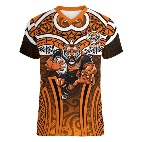 Wests Tigers Rugby Women V-Neck T-Shirt Polynesian Tribal Tiger Warrior Orange Black Pattern