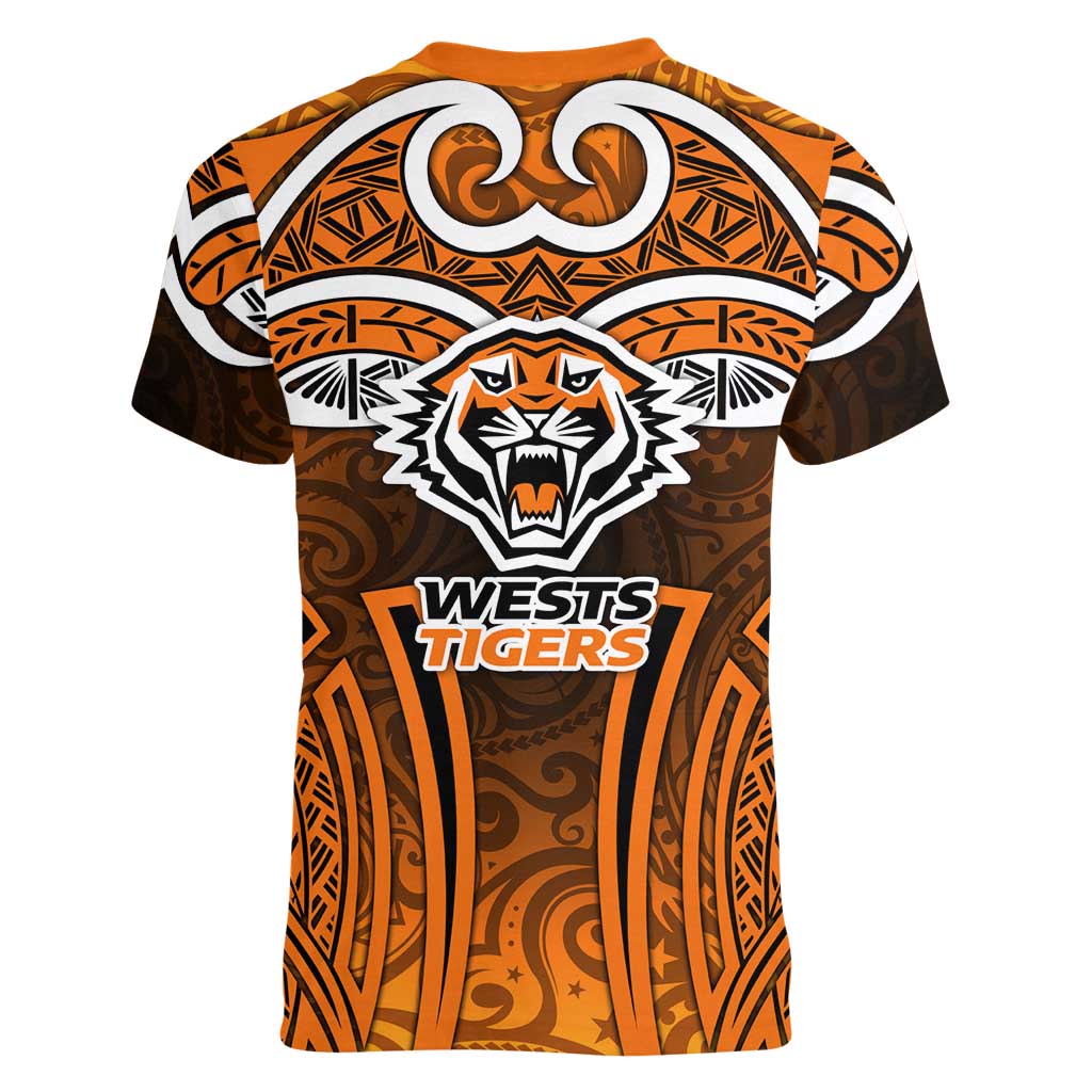 Wests Tigers Rugby Women V-Neck T-Shirt Polynesian Tribal Tiger Warrior Orange Black Pattern