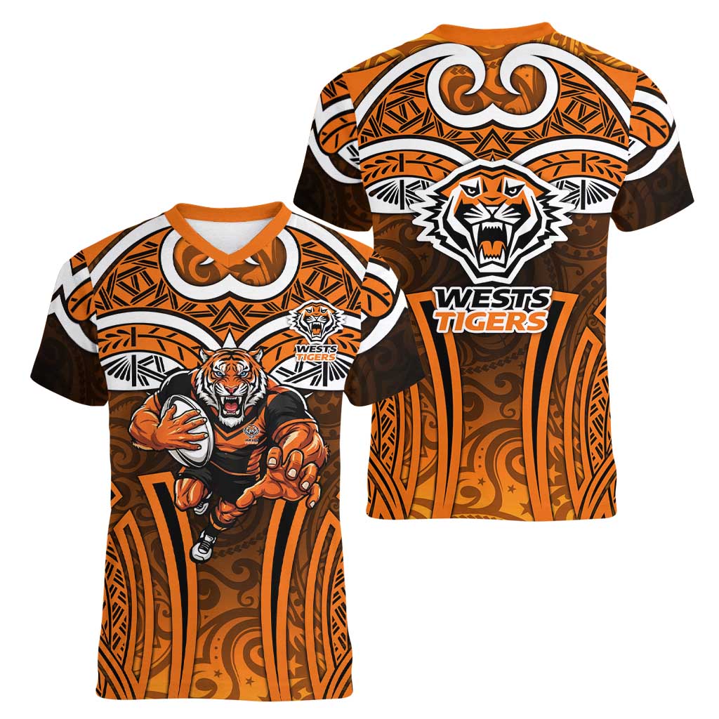Wests Tigers Rugby Women V-Neck T-Shirt Polynesian Tribal Tiger Warrior Orange Black Pattern