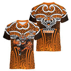 Wests Tigers Rugby Women V-Neck T-Shirt Polynesian Tribal Tiger Warrior Orange Black Pattern