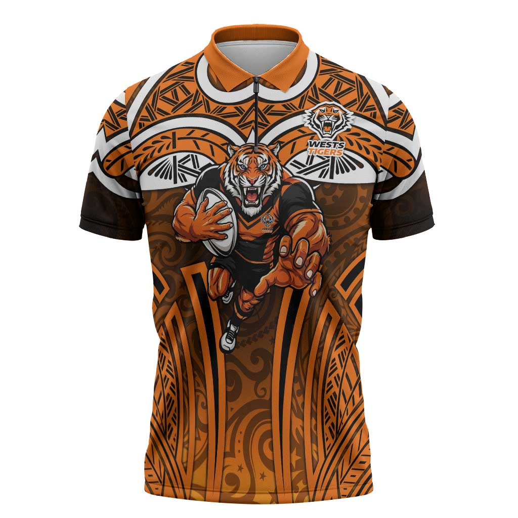 Wests Tigers Rugby Zipper Polo Shirt Polynesian Tribal Tiger Warrior Orange Black Pattern