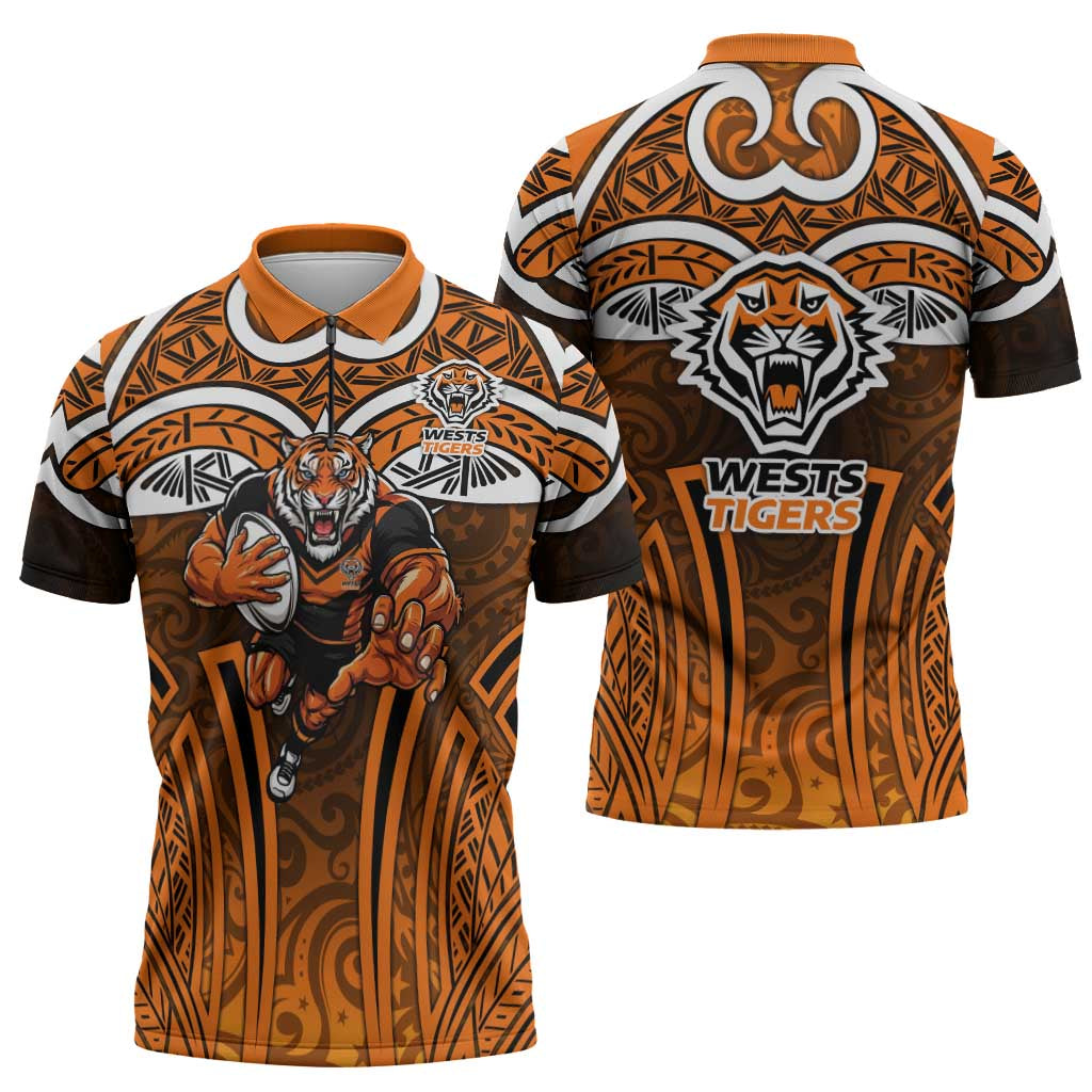 Wests Tigers Rugby Zipper Polo Shirt Polynesian Tribal Tiger Warrior Orange Black Pattern