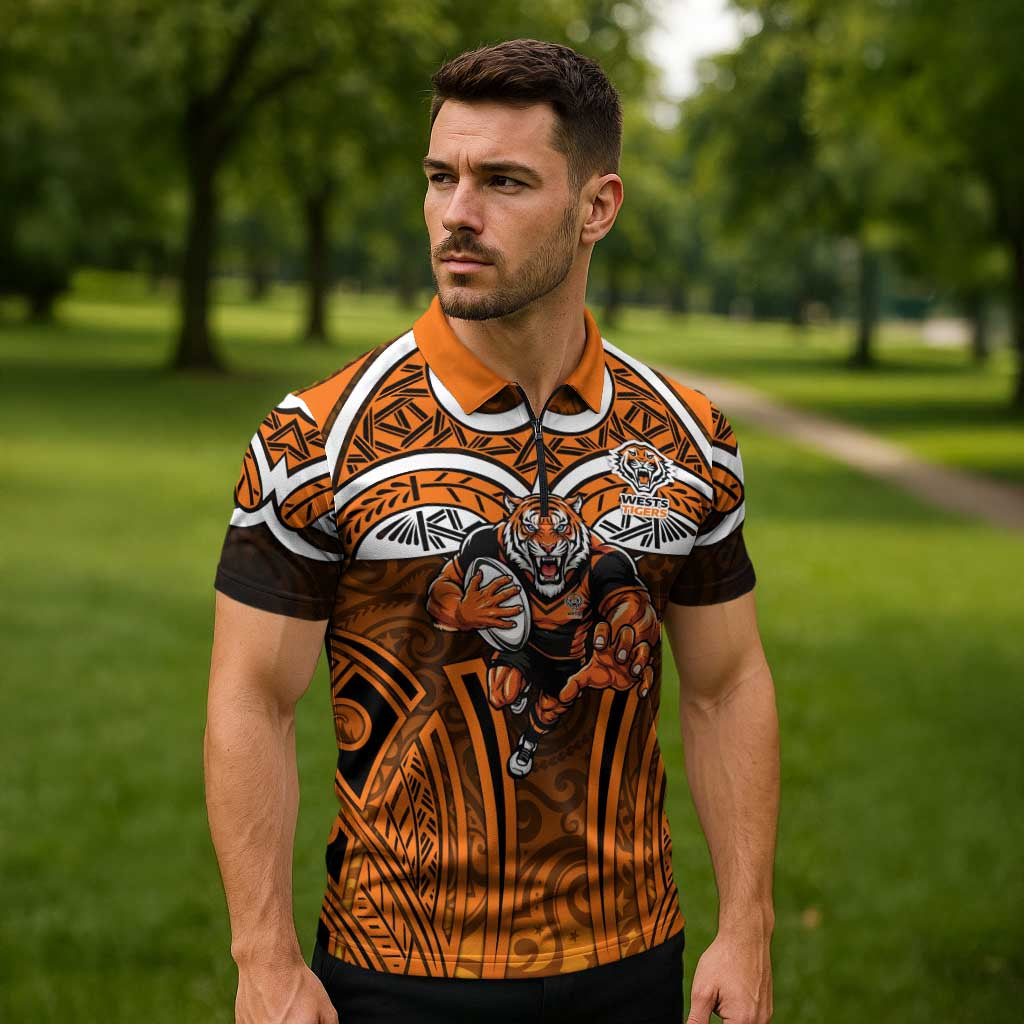 Wests Tigers Rugby Zipper Polo Shirt Polynesian Tribal Tiger Warrior Orange Black Pattern