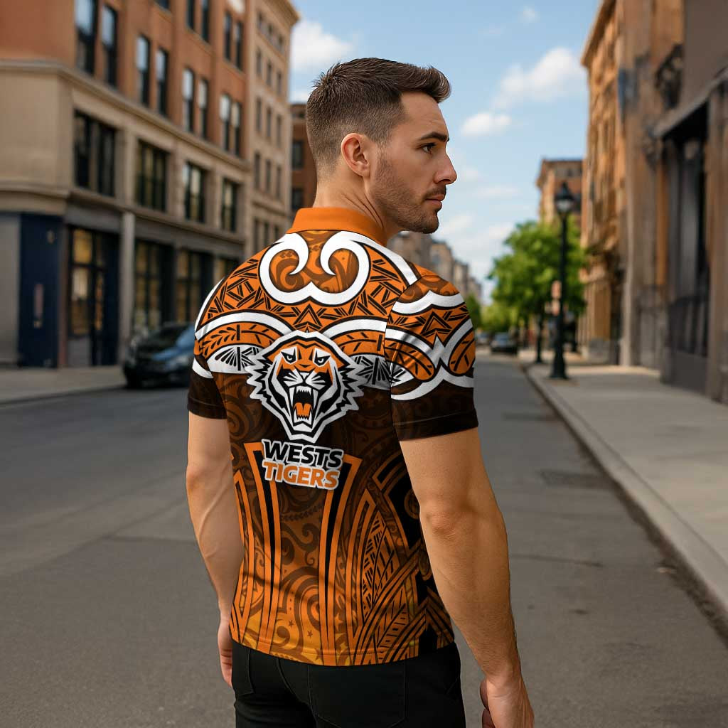 Wests Tigers Rugby Zipper Polo Shirt Polynesian Tribal Tiger Warrior Orange Black Pattern