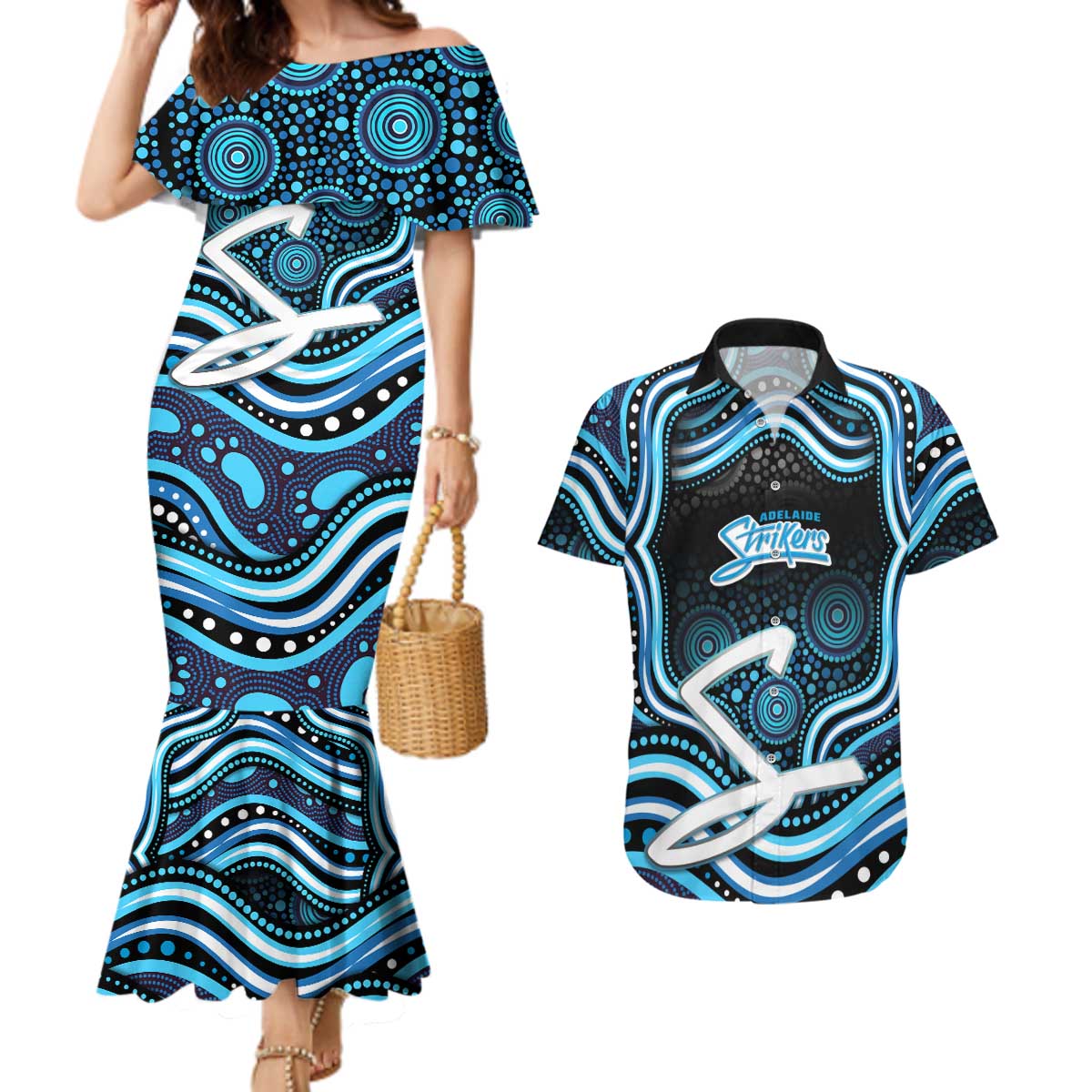 Adelaide Strikers Cricket Couples Matching Mermaid Dress and Hawaiian Shirt Australian Cricket Mascot - Modern Indigenous Style
