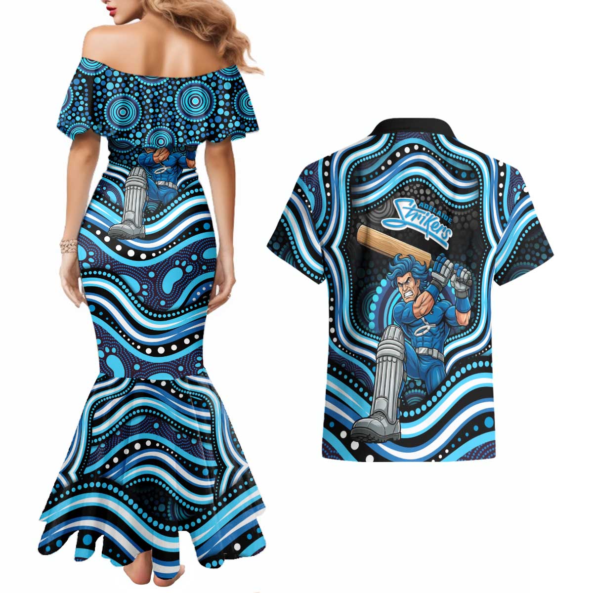 Adelaide Strikers Cricket Couples Matching Mermaid Dress and Hawaiian Shirt Australian Cricket Mascot - Modern Indigenous Style