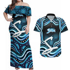 Adelaide Strikers Cricket Couples Matching Off Shoulder Maxi Dress and Hawaiian Shirt Australian Cricket Mascot - Modern Indigenous Style