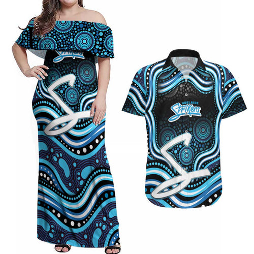 Adelaide Strikers Cricket Couples Matching Off Shoulder Maxi Dress and Hawaiian Shirt Australian Cricket Mascot - Modern Indigenous Style