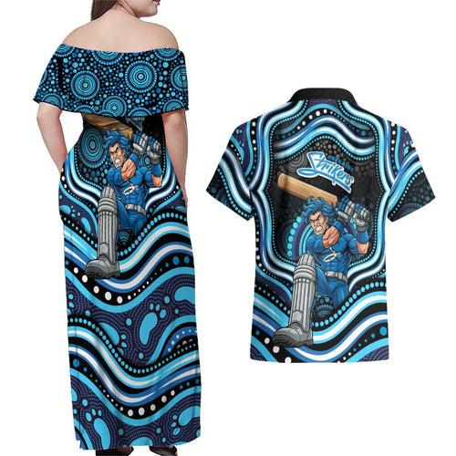 Adelaide Strikers Cricket Couples Matching Off Shoulder Maxi Dress and Hawaiian Shirt Australian Cricket Mascot - Modern Indigenous Style