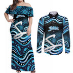 Adelaide Strikers Cricket Couples Matching Off Shoulder Maxi Dress and Long Sleeve Button Shirt Australian Cricket Mascot - Modern Indigenous Style
